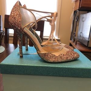 Betsey Johnson Rose Gold Glitter T-Strap High Heels